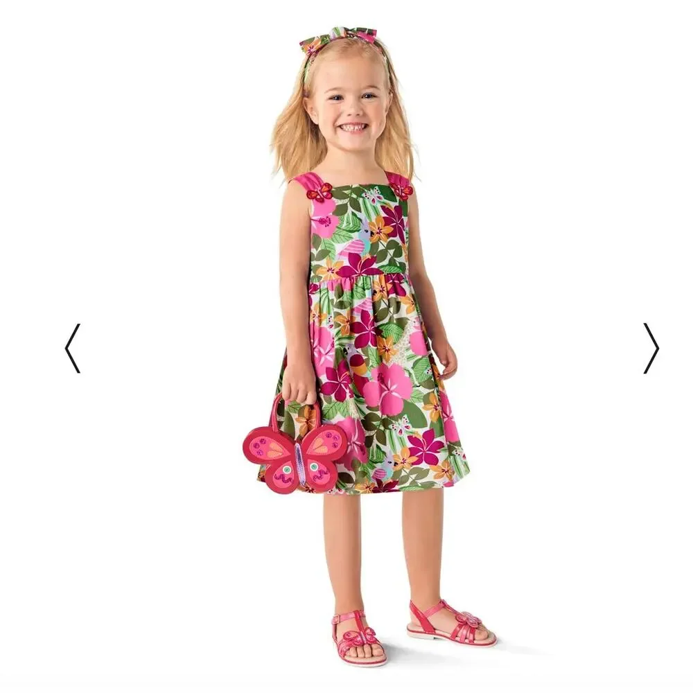 NWT Gymboree Pink/Green/Orange Tropical Flower Dress & Headband -18-24 Months
